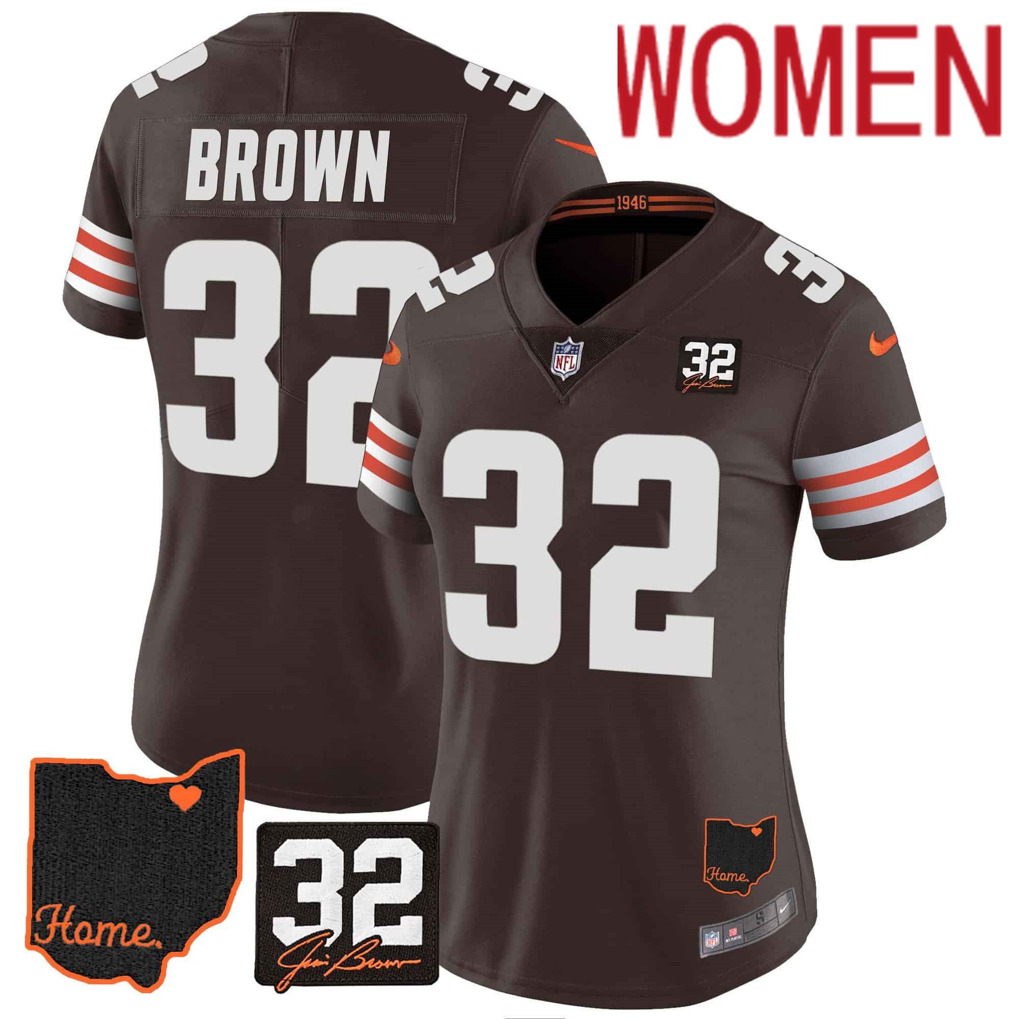 Women Cleveland Browns #32 Brown Brown Memorial Home Patch 2024 Nike NFL Jersey style 1->women nfl jersey->Women Jersey